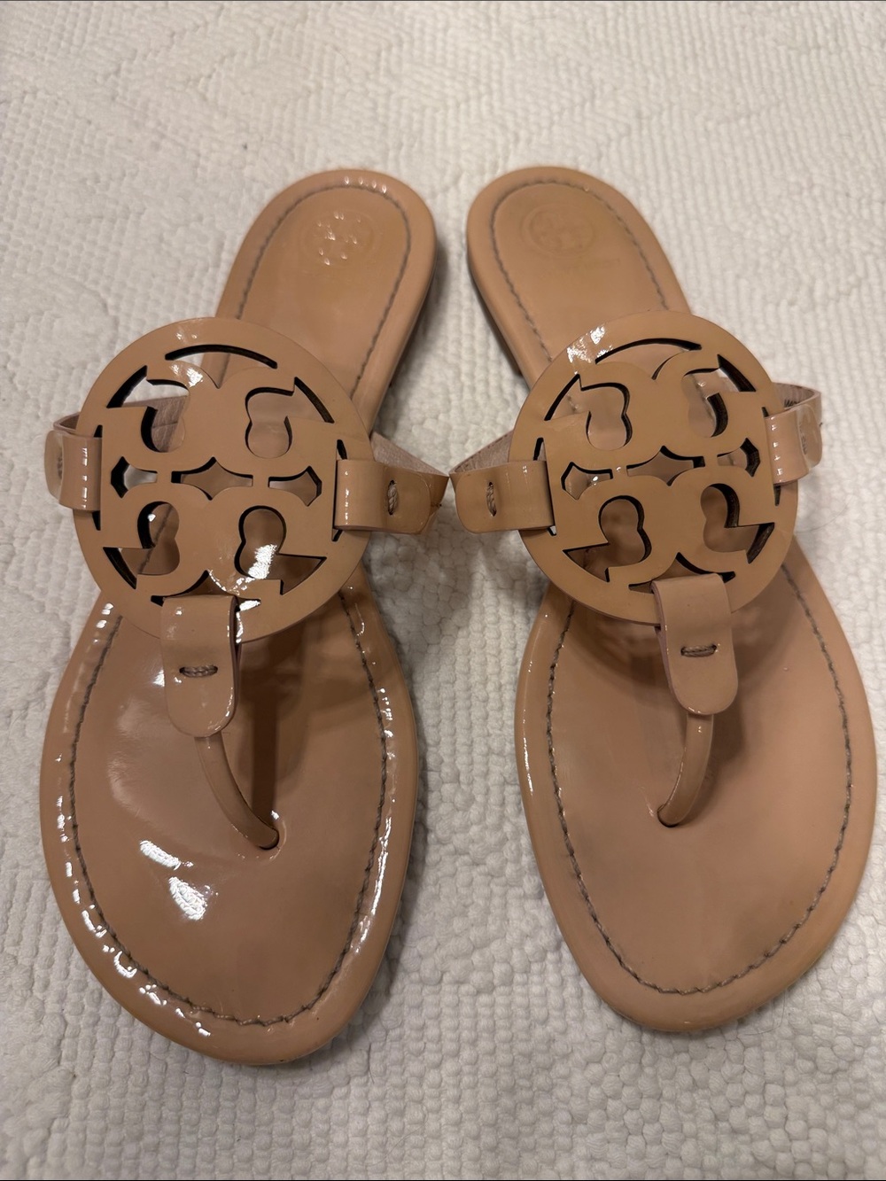 Tory Burch Nude Patent Logo Thong Sandals